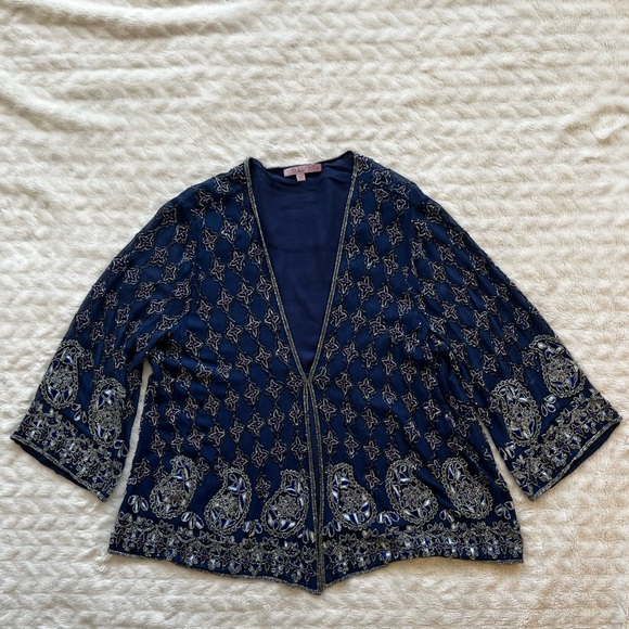 Calypso St. Barth Dapis Silk Embellished Blue Beaded Evening Jacket, Large - Picture 13 of 13